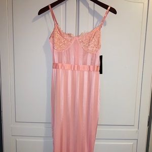 dusty pink lace detail striped mesh midi dress